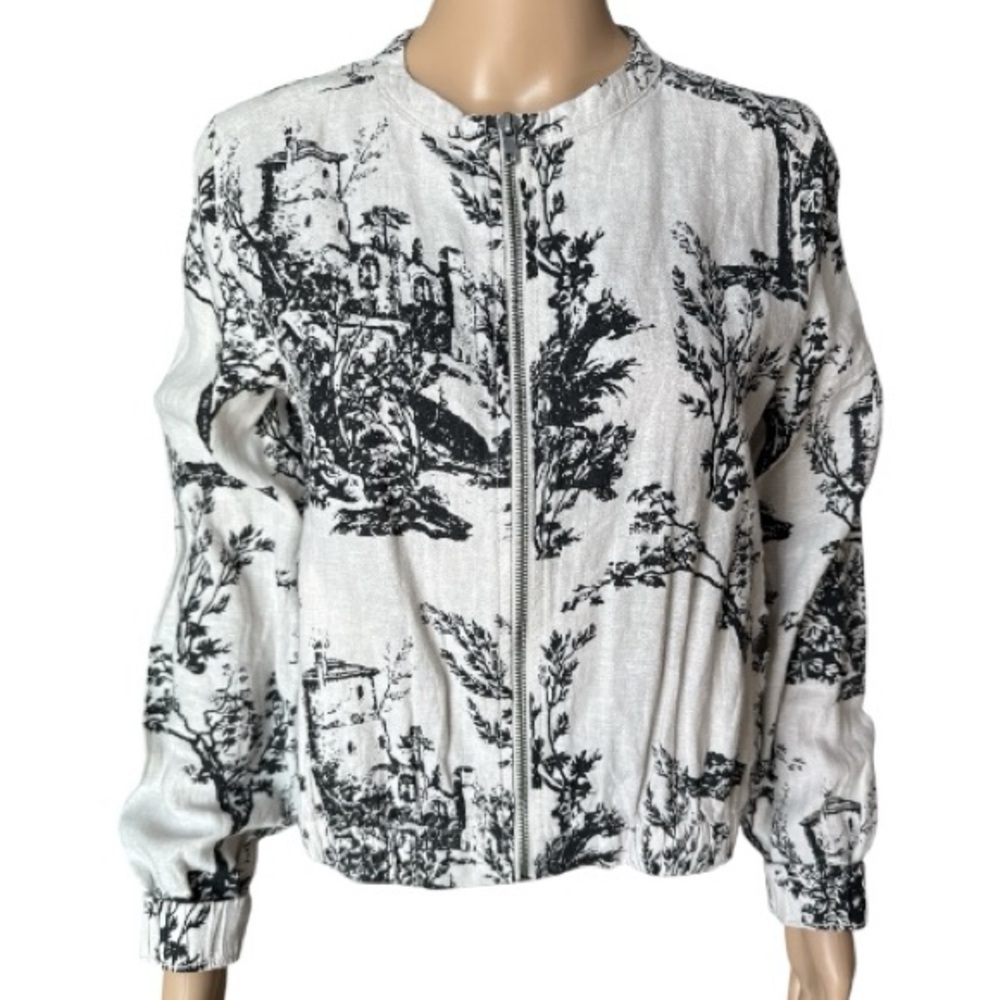 Joie 100% Linen Toile-Scenic Print Monochromic Bomber Jacket Size S - Picture 7 of 7